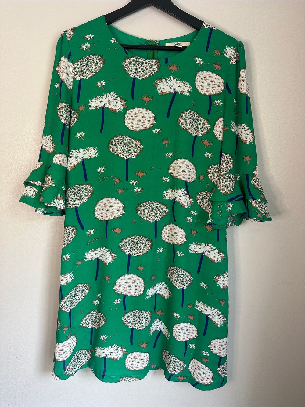 Kelly Green Floral Spring Wedding Guest  Dress W/ Quarter Sleeve with Ruffle, L